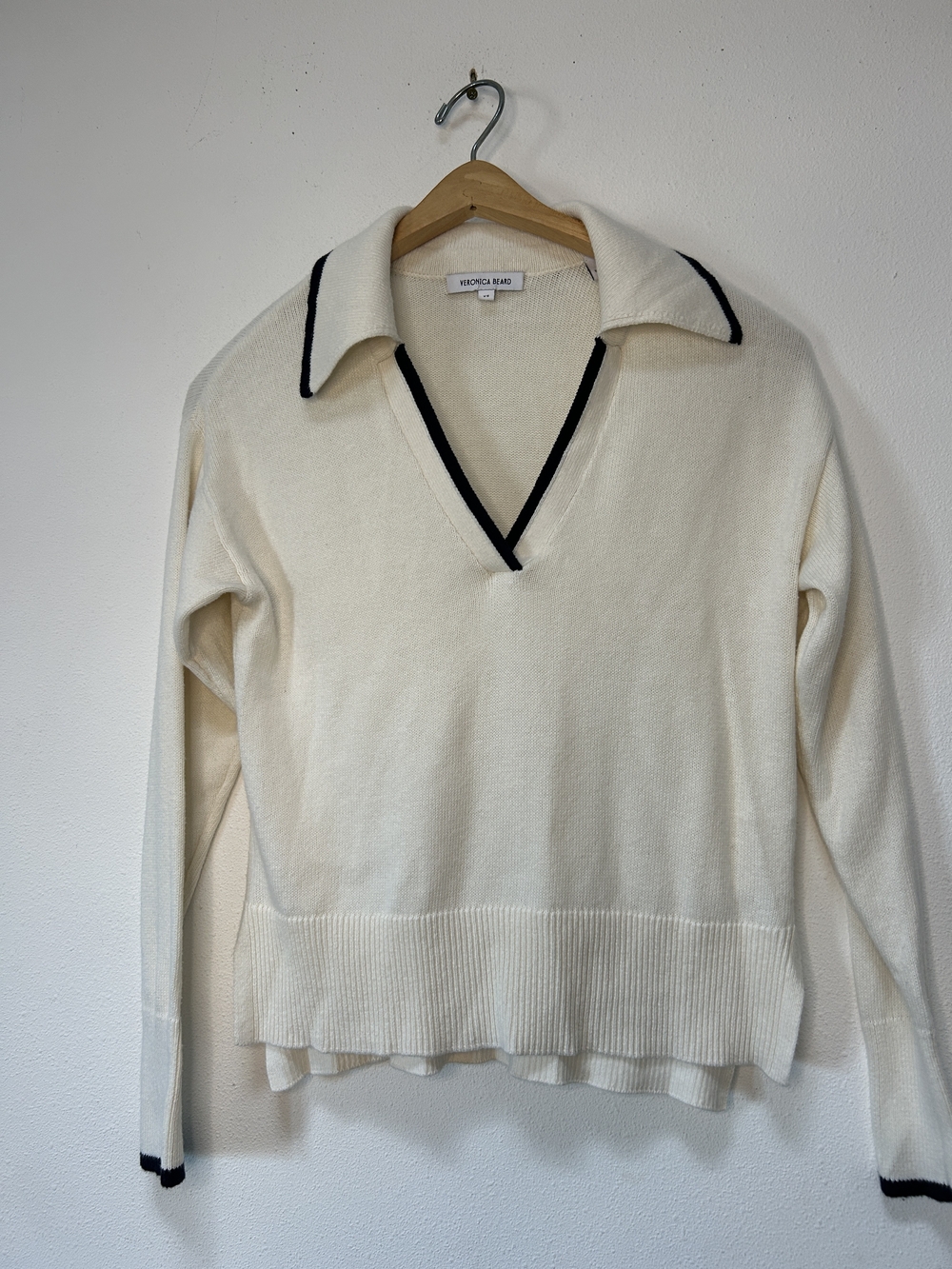 Veronica Beard Cream V-Neck Polo Sweater with Black Trim Accents